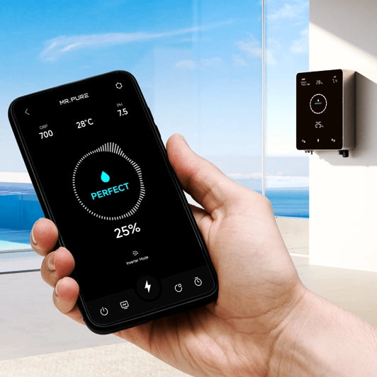 Clorador Salino Inverter Genius Mr. Pure de Aquark BAJA SALINIDAD App móvil Q-Tech® 2024 2025