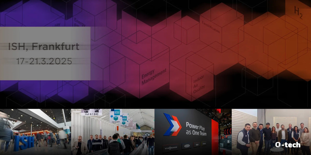 Collage de ISH 2025 en Fráncfort: entrada a la feria, pasillo de pabellones, stand Viessmann y equipo Q-Tech