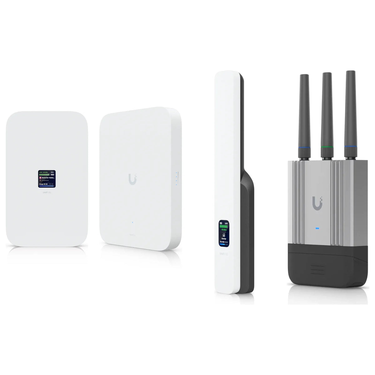 Módems UniFi 5G Max, 5G Max Outdoor y 5G Backup y router UniFi Mobile Router Industrial sobre fondo blanco