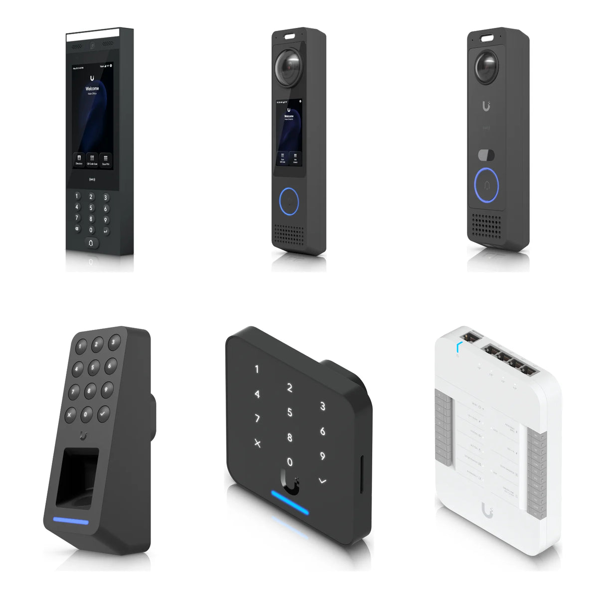 Videoporteros, lectores y hub UniFi Access de Ubiquiti sobre fondo blanco