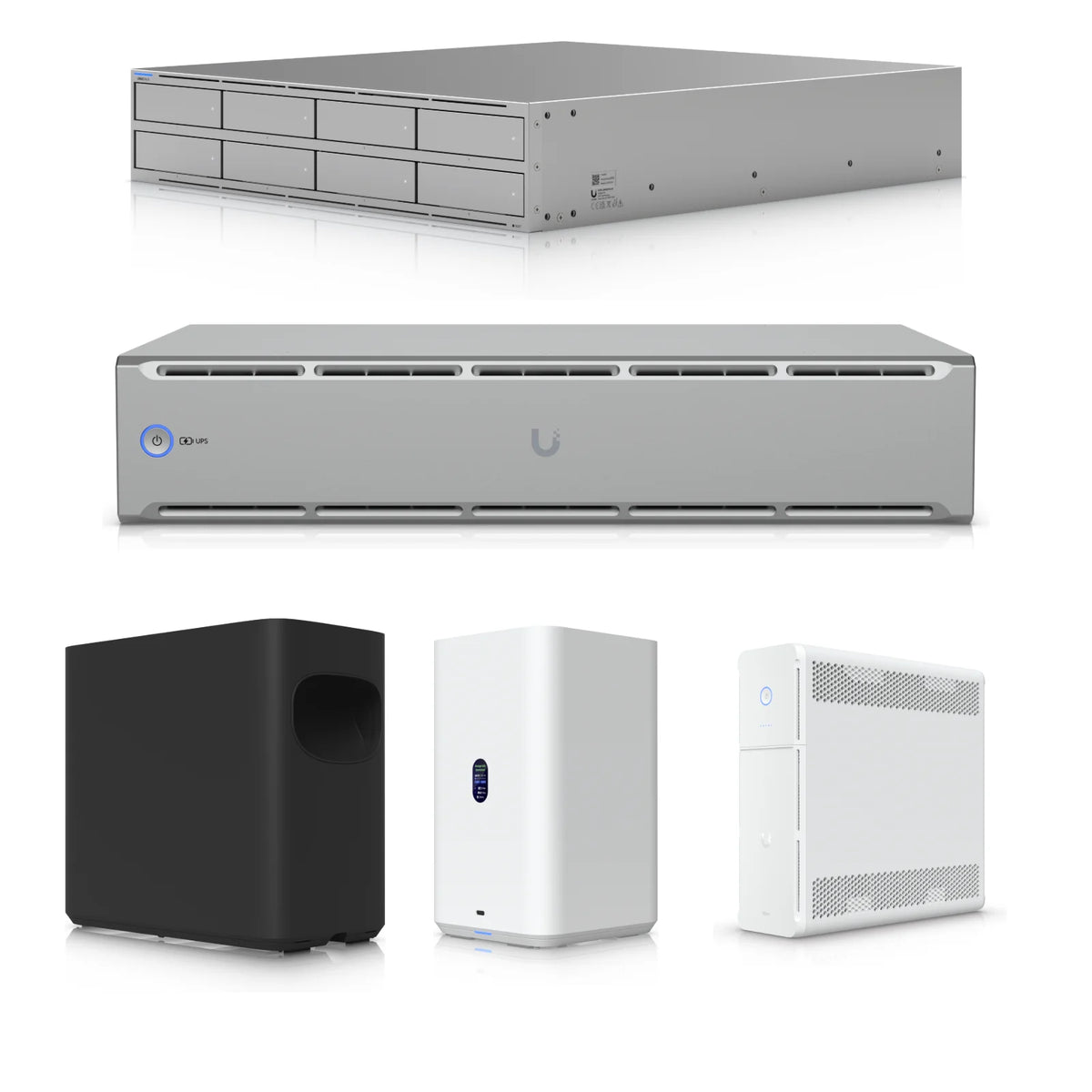NAS UniFi UNAS Pro 8, UNAS 4 y UNAS 2 y SAI UniFi UPS 2U y UPS Tower sobre fondo blanco