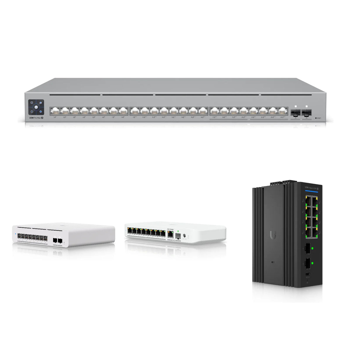 Switches UniFi Pro Max 24 PoE, Pro XG 8 PoE, Flex 2.5G PoE e Industrial DIN 8 PoE sobre fondo blanco