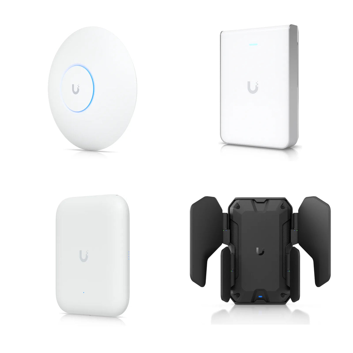 Puntos de acceso UniFi U7 Pro Max, U7 Pro Wall, U7 Outdoor y U7 Industrial sobre fondo blanco