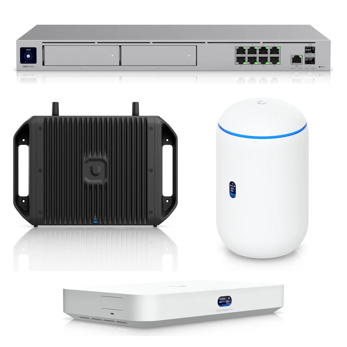 Gateways UniFi de Ubiquiti: Dream Machine Pro Max, Cloud Gateway Fiber e Industrial y Dream Router 7 sobre fondo blanco
