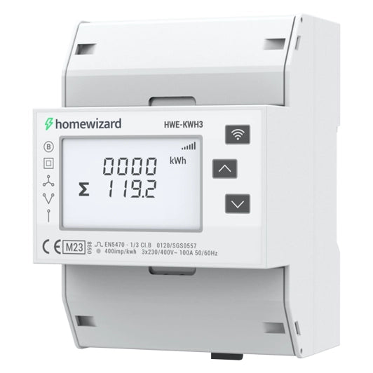 Medidor de kWh trifasico de Homewizard vista diagonal - Q-Tech 2025