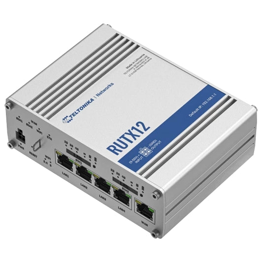 Teltonika RUTX12 - Router doble modem LTE CAT6 + WiFi dual band vista diagonal - Q-Tech® 2025