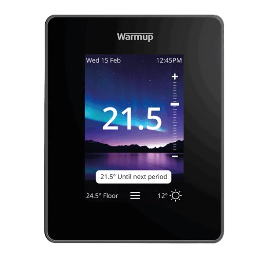 Warmup 7iE WiFi Matter: Termostato Inteligente Universal para Suelo Radiante - vista frontal negro - Q-Tech® 2026