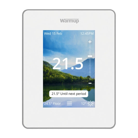 Warmup 7iE WiFi Matter: Termostato Inteligente Universal para Suelo Radiante - vista frontal blanco - Q-Tech® 2026