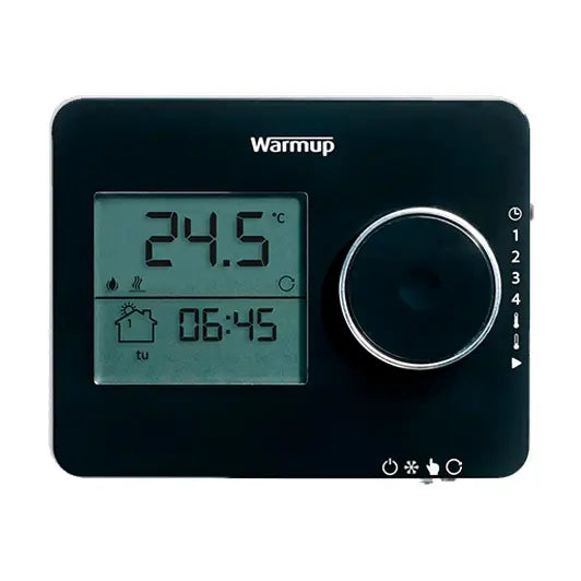 Termostato programable Warmup Tempo Negro para Suelo Radiante Electrico  Vista frontal - Q-Tech® 2024 2025