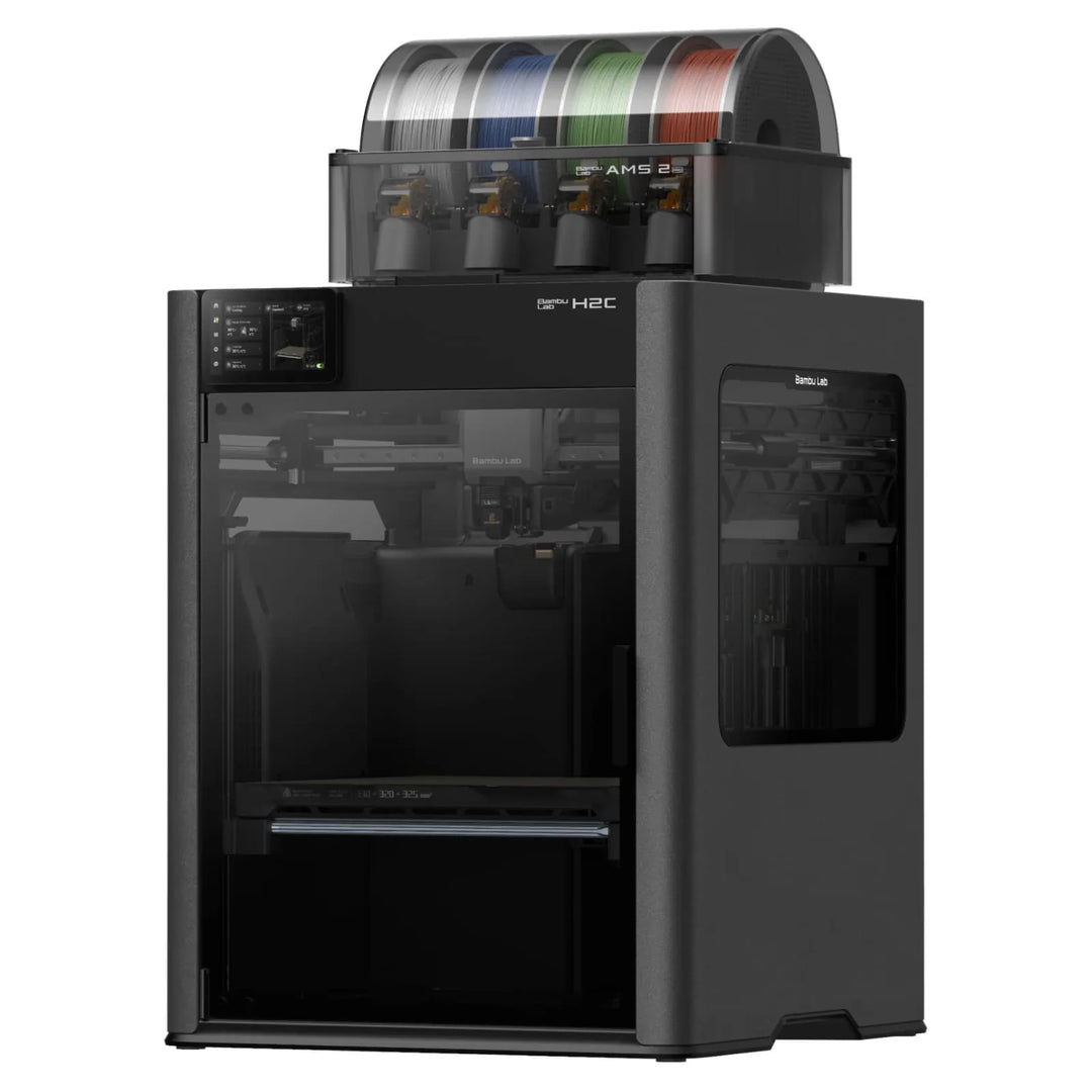 Impresora 3D Bambu Lab H2C con sistema Vortek y AMS, vista de tres cuartos