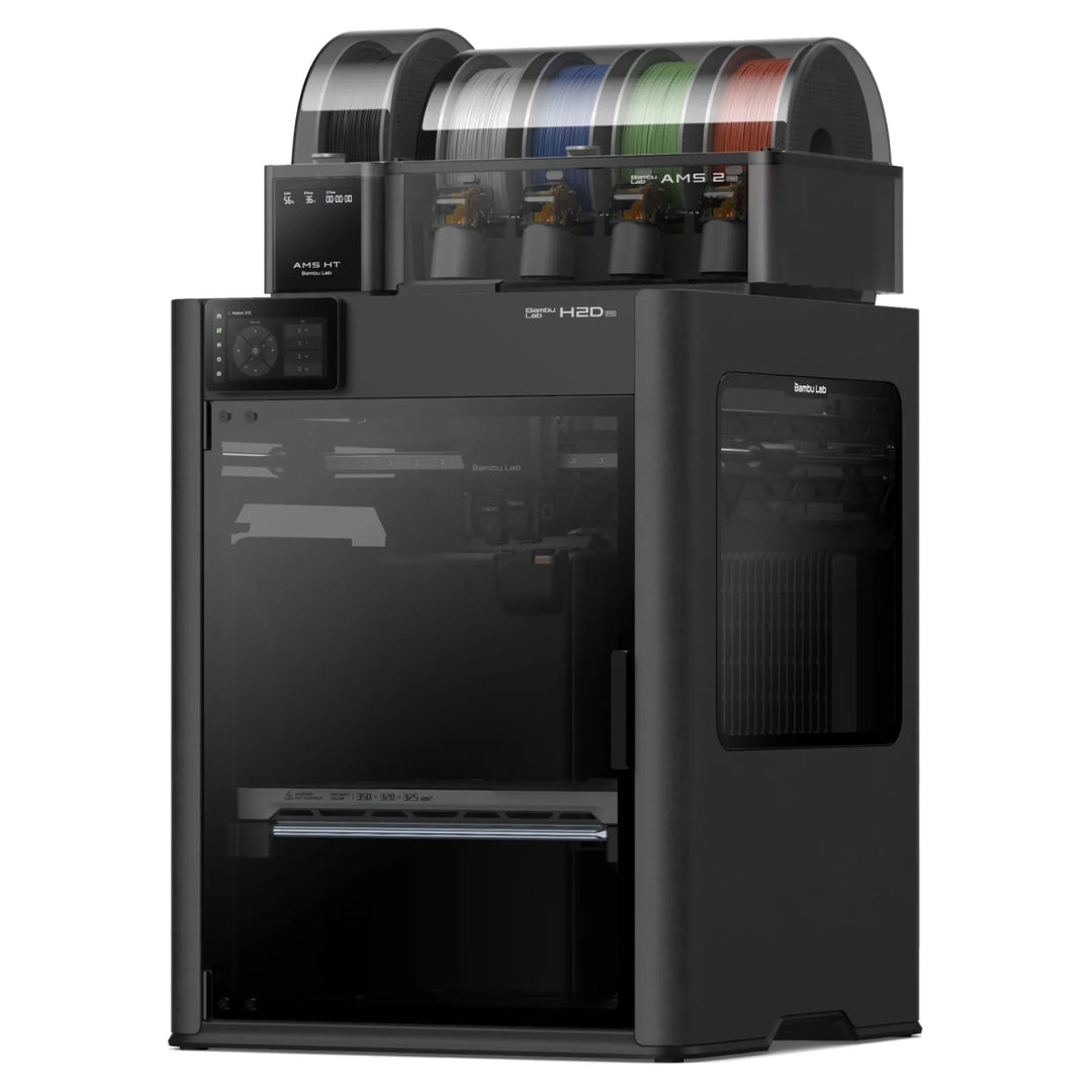 Impresora 3D Bambu Lab H2D Pro con AMS 2 Pro y AMS HT, vista de tres cuartos