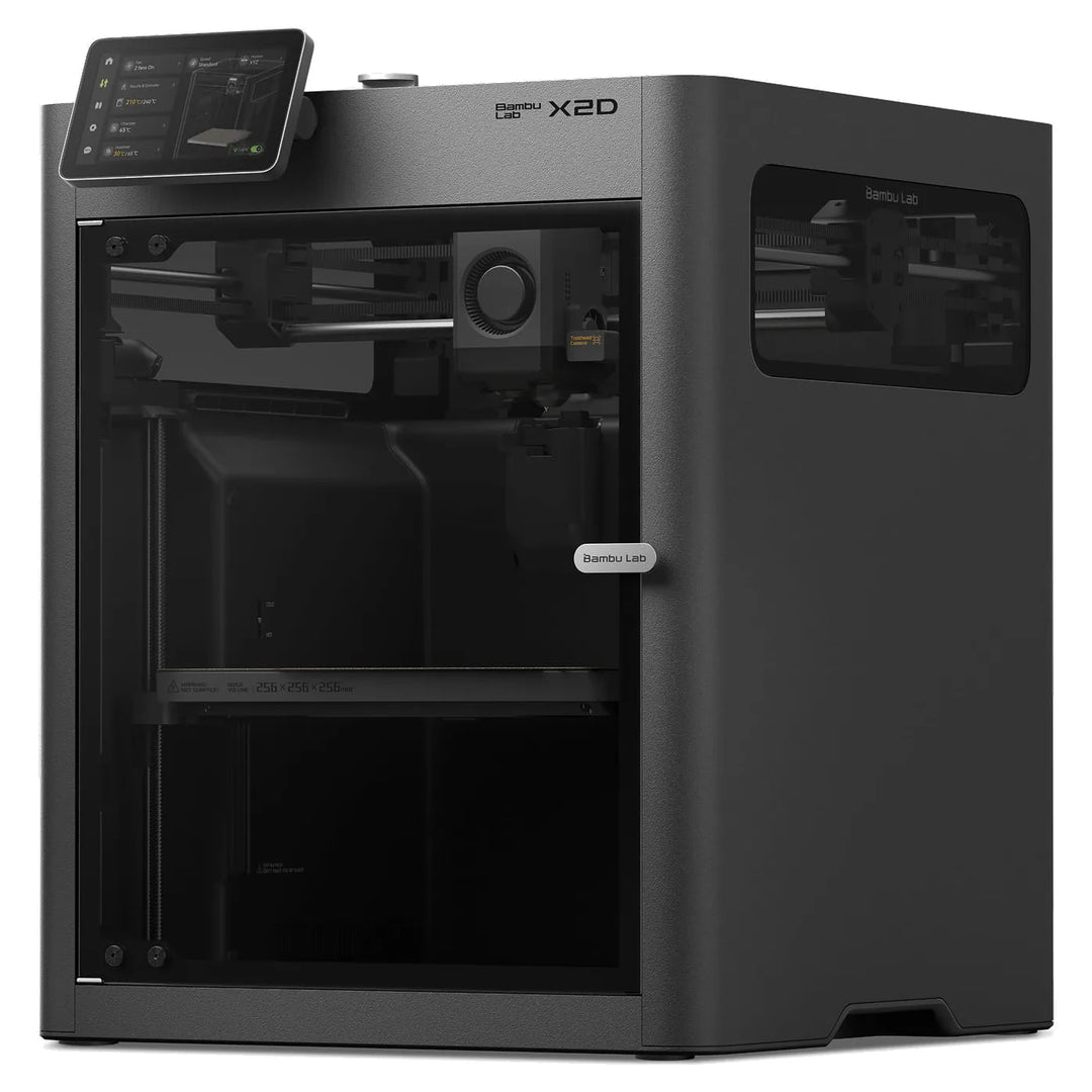 Impresora 3D Bambu Lab X2D de doble extrusor, vista de tres cuartos