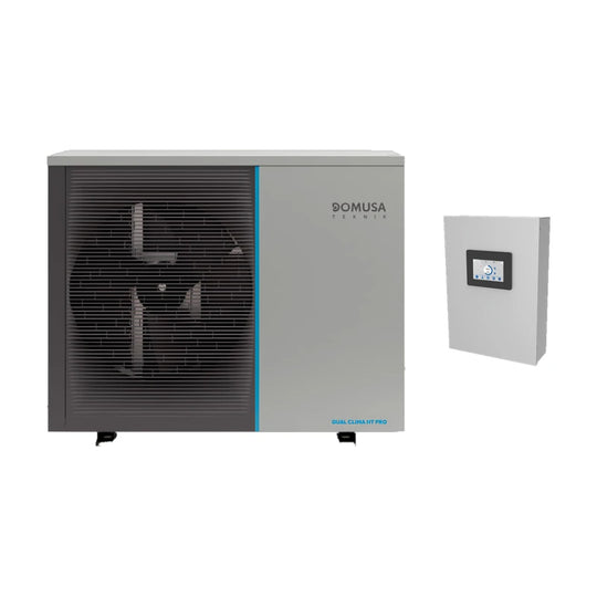 Domusa Dual Clima HT EC Pro: unidad exterior y módulo interior Easy Connect (se vende aparte), a escala
