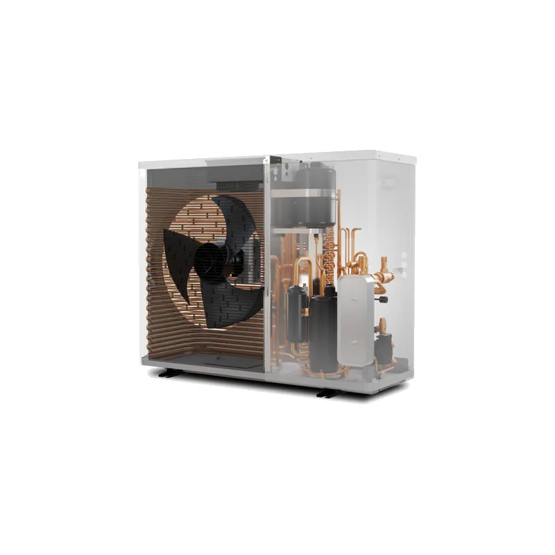Inside the Domusa Dual Clima HT Pro and HT EC Pro monobloc unit: fan, compressor and R290 circuit