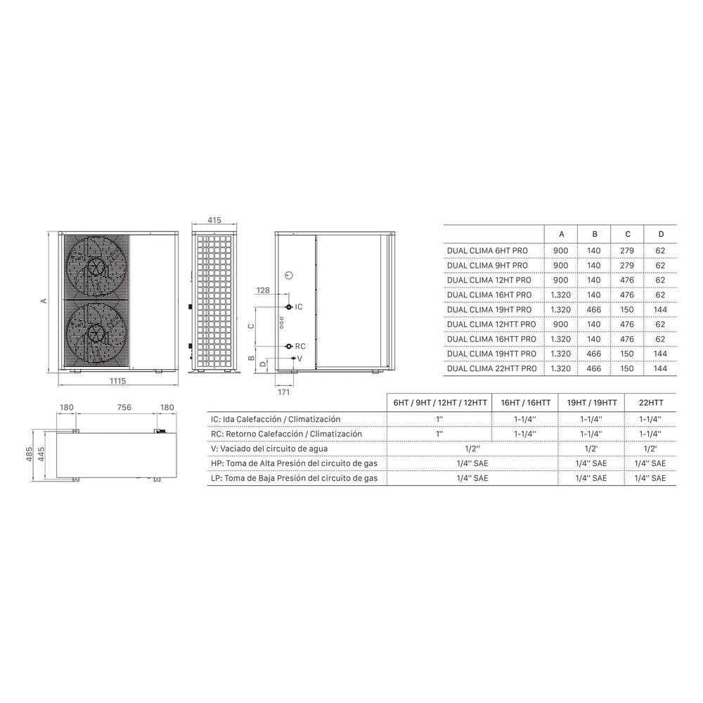 Medidas de la Domusa Dual Clima HT Pro: vistas acotadas, cotas por modelo y conexiones hidráulicas