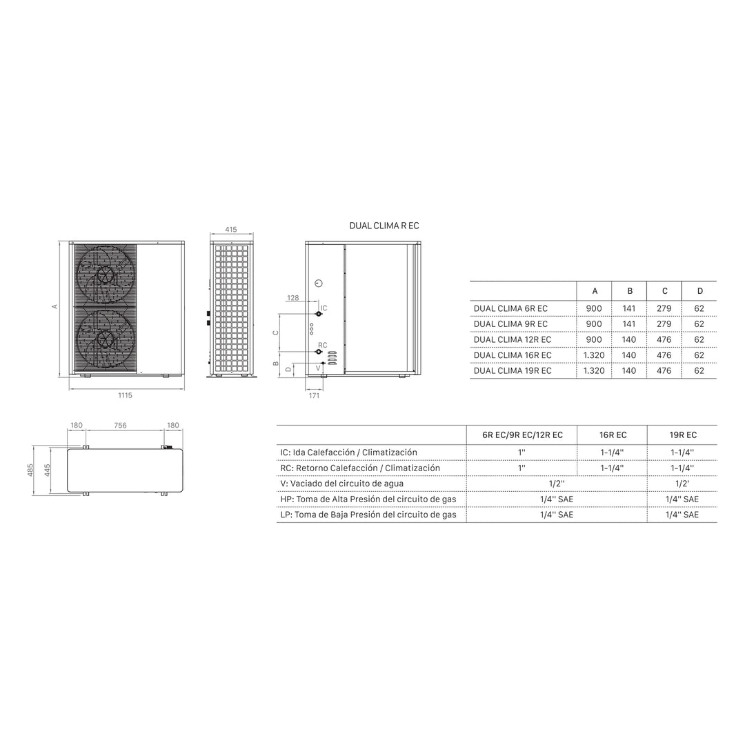 Domusa Dual Clima R EC dimensions: dimensioned views, measurements by model and hydraulic connections