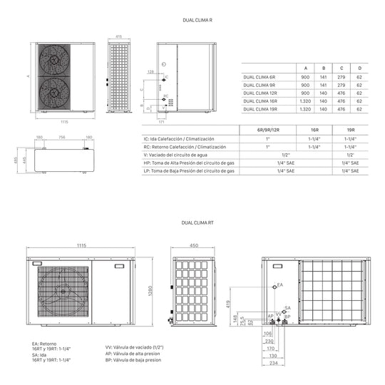 Domusa Dual Clima R and RT dimensions: dimensioned views, measurements by model and hydraulic connections