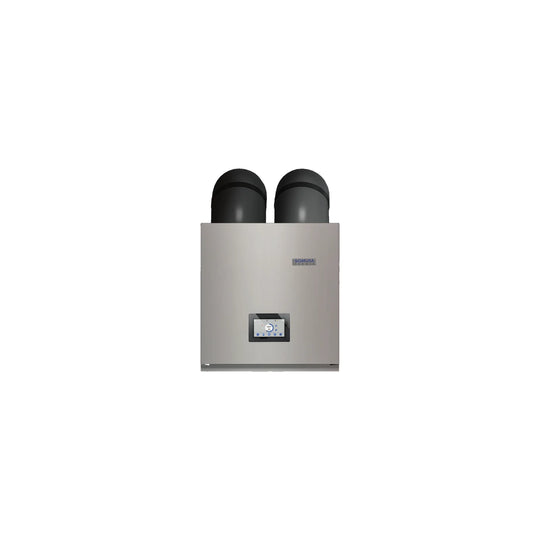 Domusa NanoClima 4 wall-mounted indoor heat pump, front view with its two air ducts