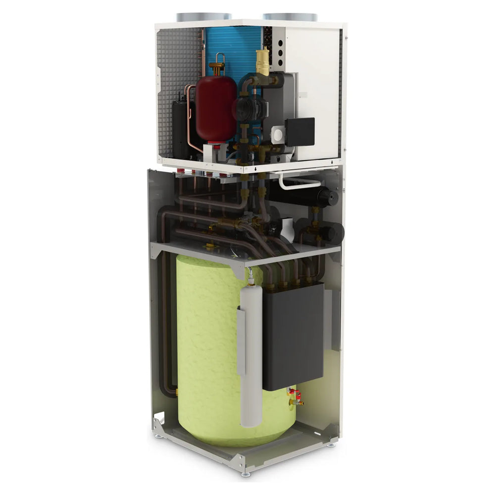 Domusa NanoClima 4 HDX 135 opened up: heat pump at the top and 135-litre DHW cylinder below
