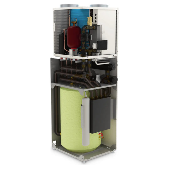 Domusa NanoClima 4 HDX 135 abierta: bomba de calor arriba y acumulador de ACS de 135 litros abajo