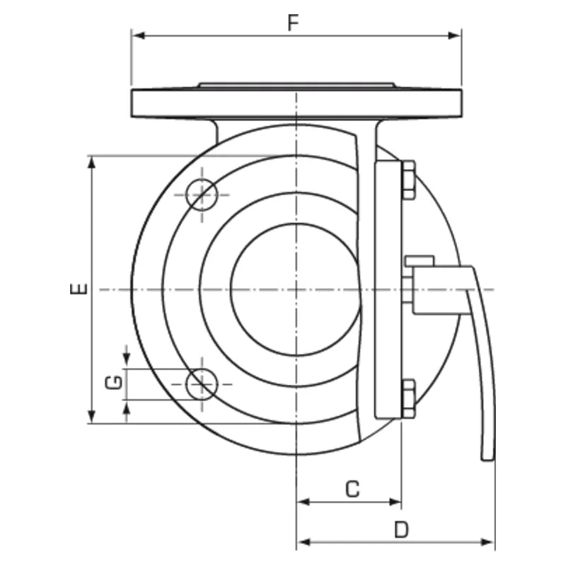 ESBE 3F valve side dimension drawing with flange and holes