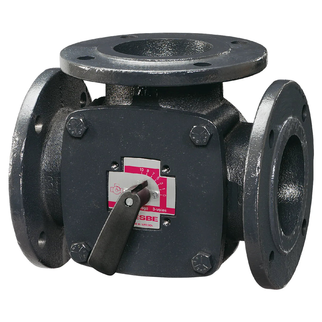 ESBE 3F cast-iron flanged 3-way rotary valve with lever, three-quarter view