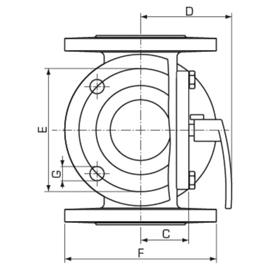 ESBE 4F valve side dimension drawing with flange and holes