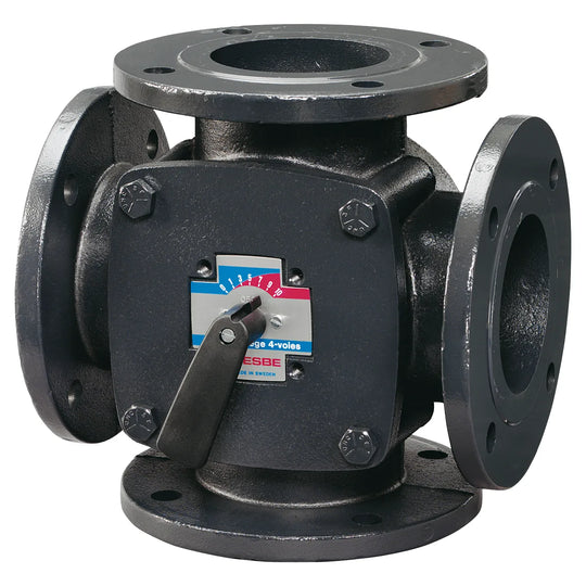 ESBE 4F cast-iron flanged 4-way rotary valve with lever, three-quarter view