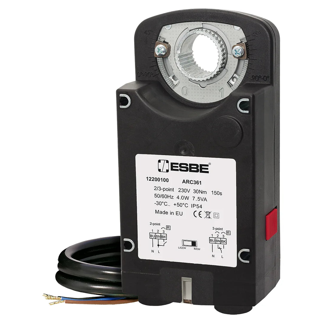 ESBE ARC300 rotary actuator with cable, three-quarter view