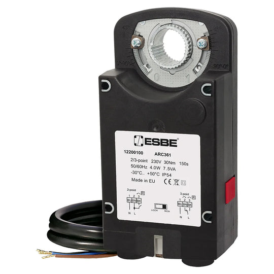 ESBE ARC300 rotary actuator with cable, three-quarter view