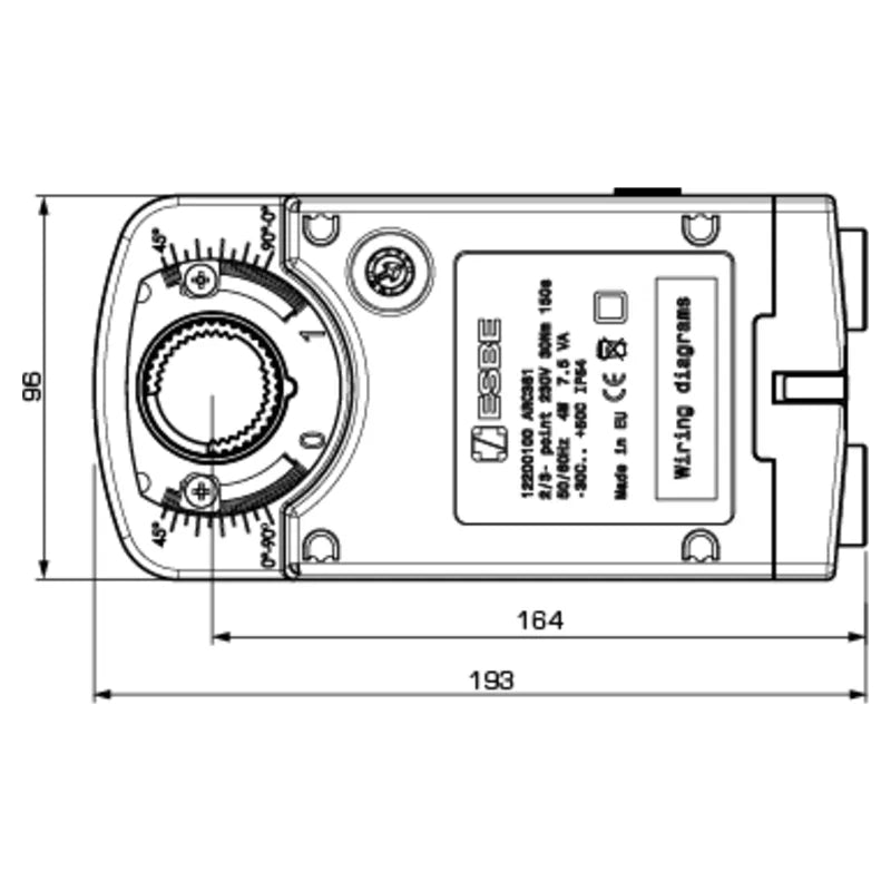 Front dimension drawing of the ESBE ARC300 actuator