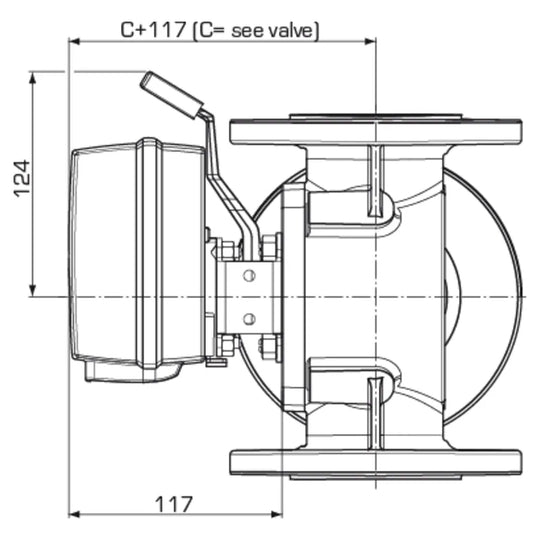 Plano de cotas lateral del actuador del regulador ESBE CRA120