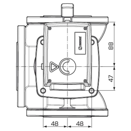 Front dimension drawing of the ESBE Series 90 actuator on a flanged valve