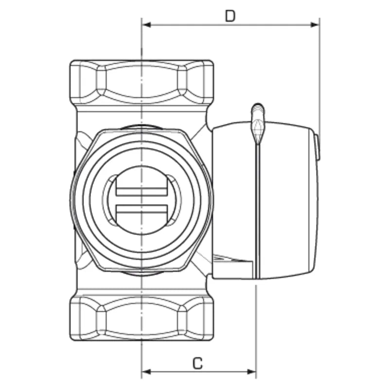 ESBE VRG140 valve side dimension drawing with knob
