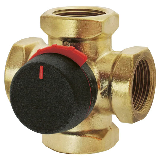 ESBE VRG141 4-way DZR brass rotary valve with manual knob, three-quarter view