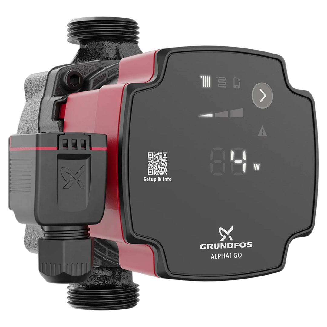 Grundfos ALPHA1 GO circulator pump, G 1 thread and 130 mm body, front view showing the display