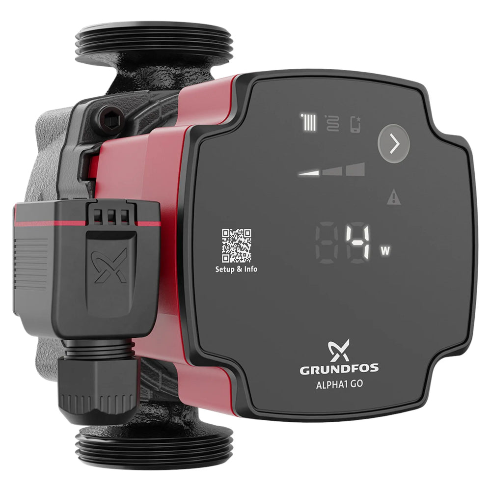 Grundfos ALPHA1 GO circulator pump with G 1½ thread and 130 mm port-to-port body, front view