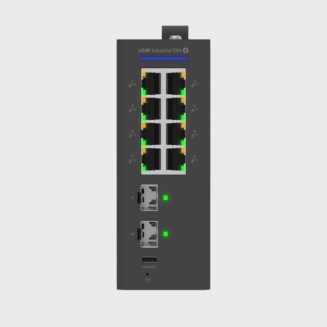 Vídeo oficial de Ubiquiti del UniFi Switch Industrial DIN 8 PoE: vista del producto en movimiento