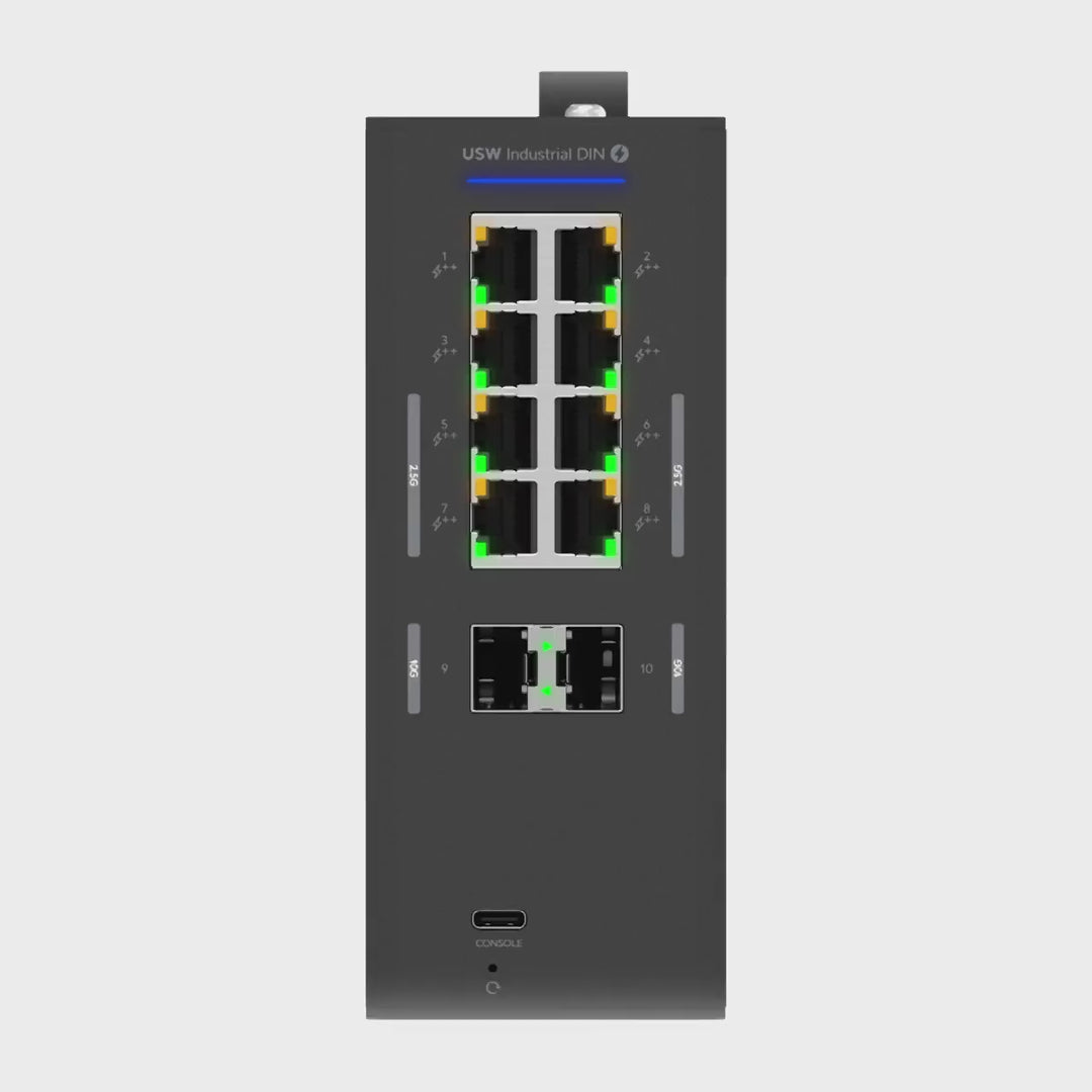 Vídeo oficial de Ubiquiti del UniFi Switch Industrial DIN 2.5G 8 PoE: vista del producto en movimiento