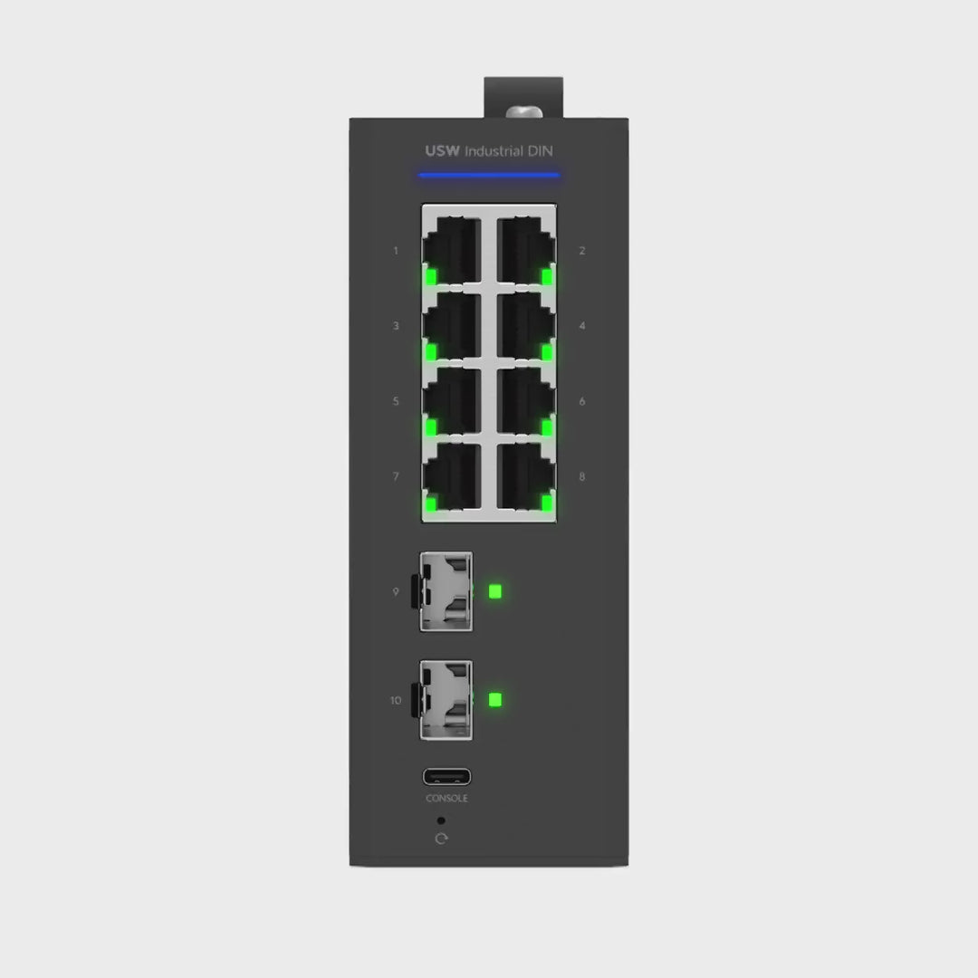 Vídeo oficial de Ubiquiti del UniFi Switch Industrial DIN 8: vista del producto en movimiento