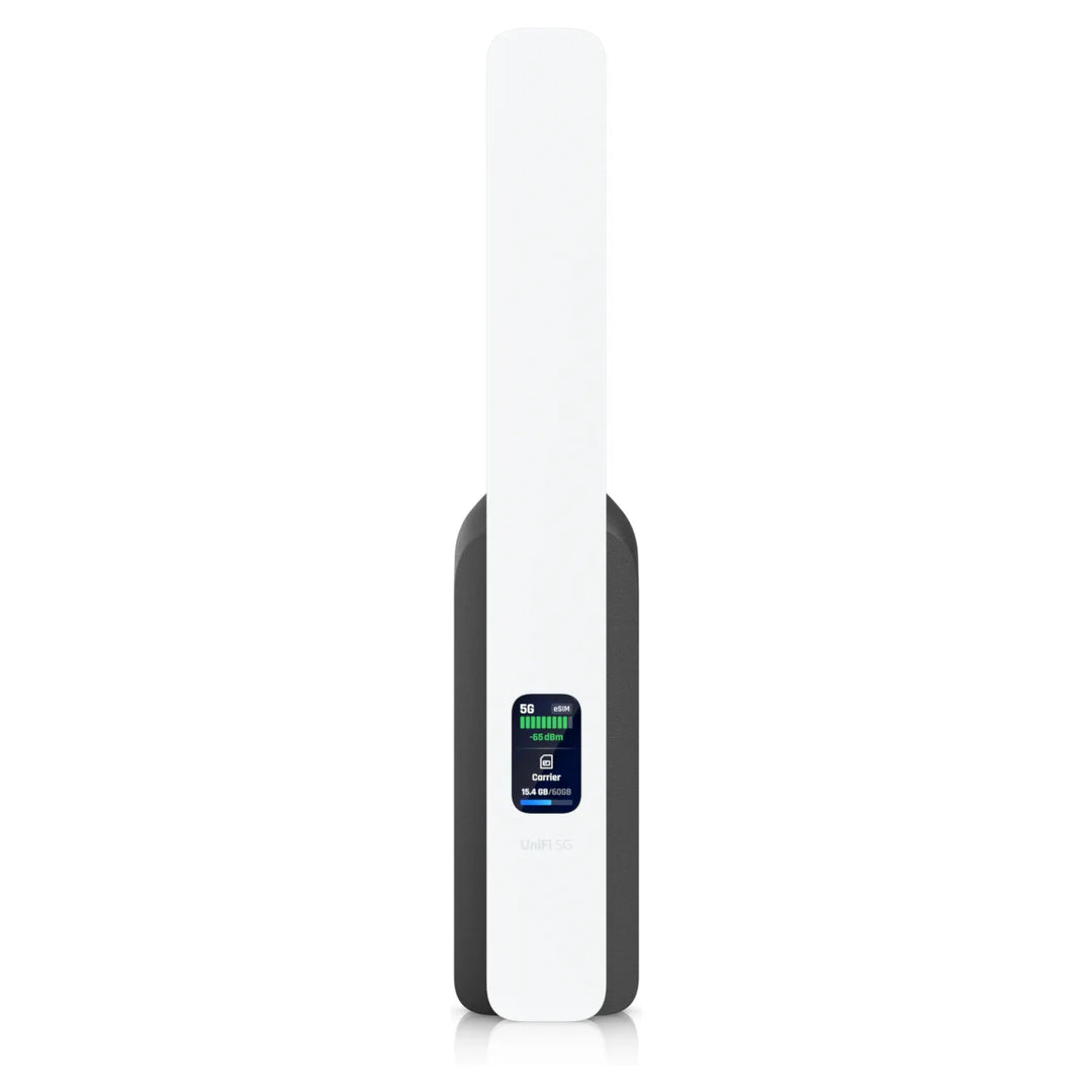 UniFi 5G Backup from the front, compact white modem with status display