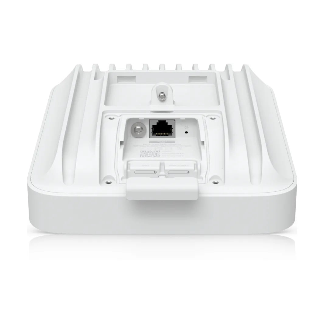 Base of the UniFi 5G Max Outdoor with the RJ45 PoE port door open
