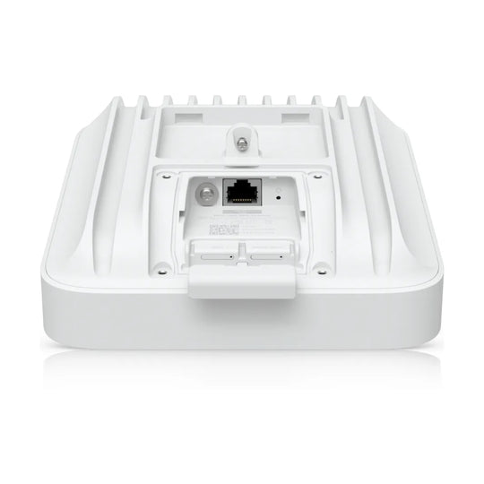 Base of the UniFi 5G Max Outdoor with the RJ45 PoE port door open