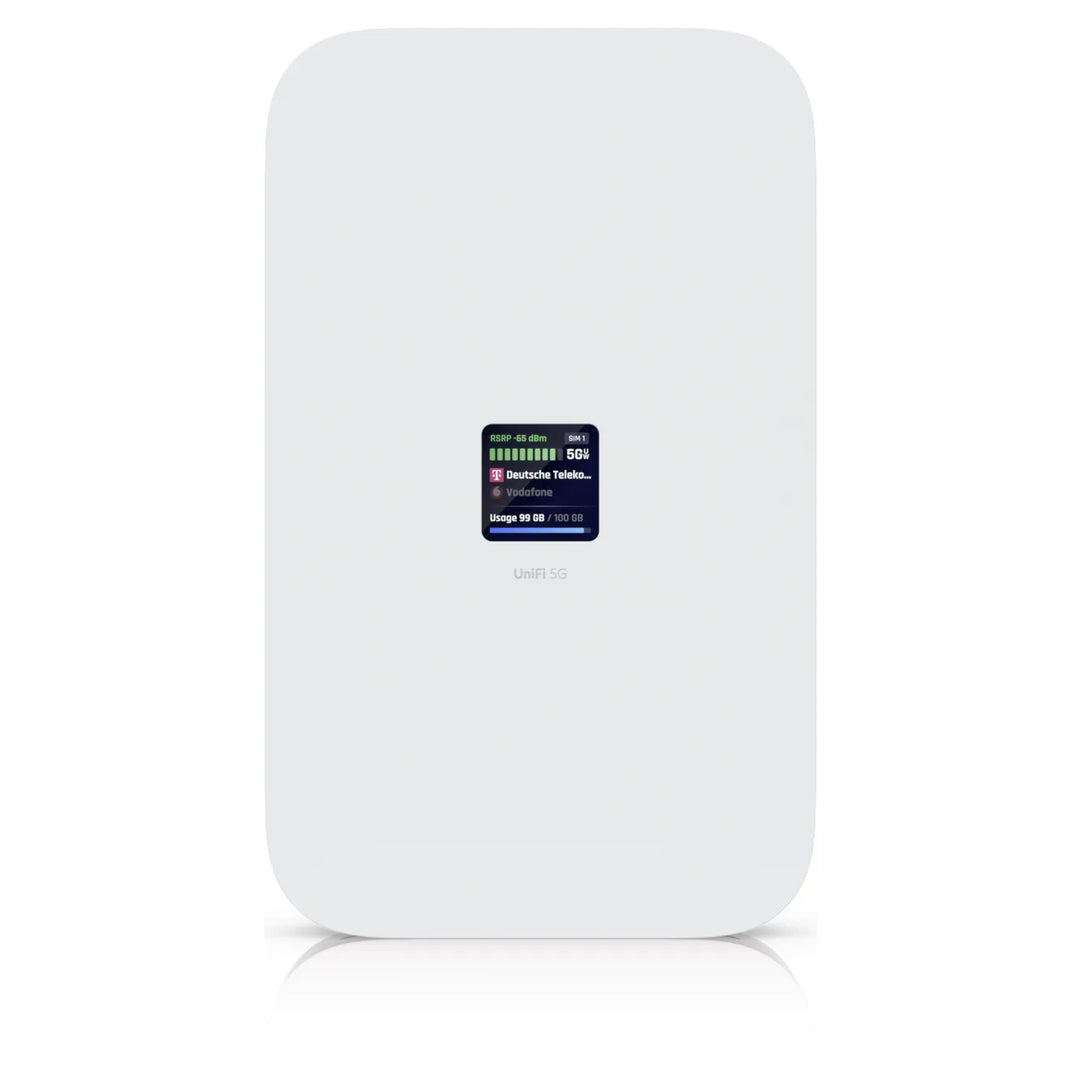 UniFi 5G Max on its desk stand, perspective view with the touchscreen