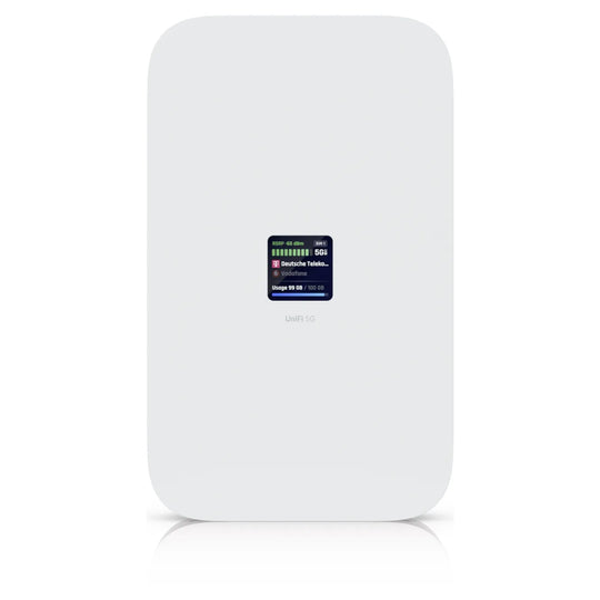 UniFi 5G Max on its desk stand, perspective view with the touchscreen