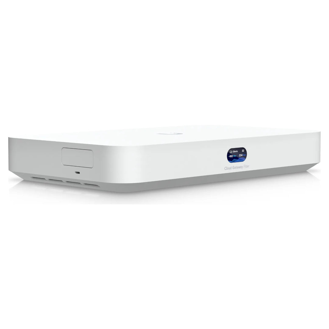 UniFi Cloud Gateway Fiber en perspectiva, gateway de sobremesa blanco