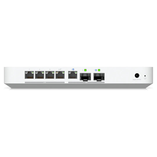 Trasera del UniFi Cloud Gateway Fiber con puertos RJ45 y SFP+