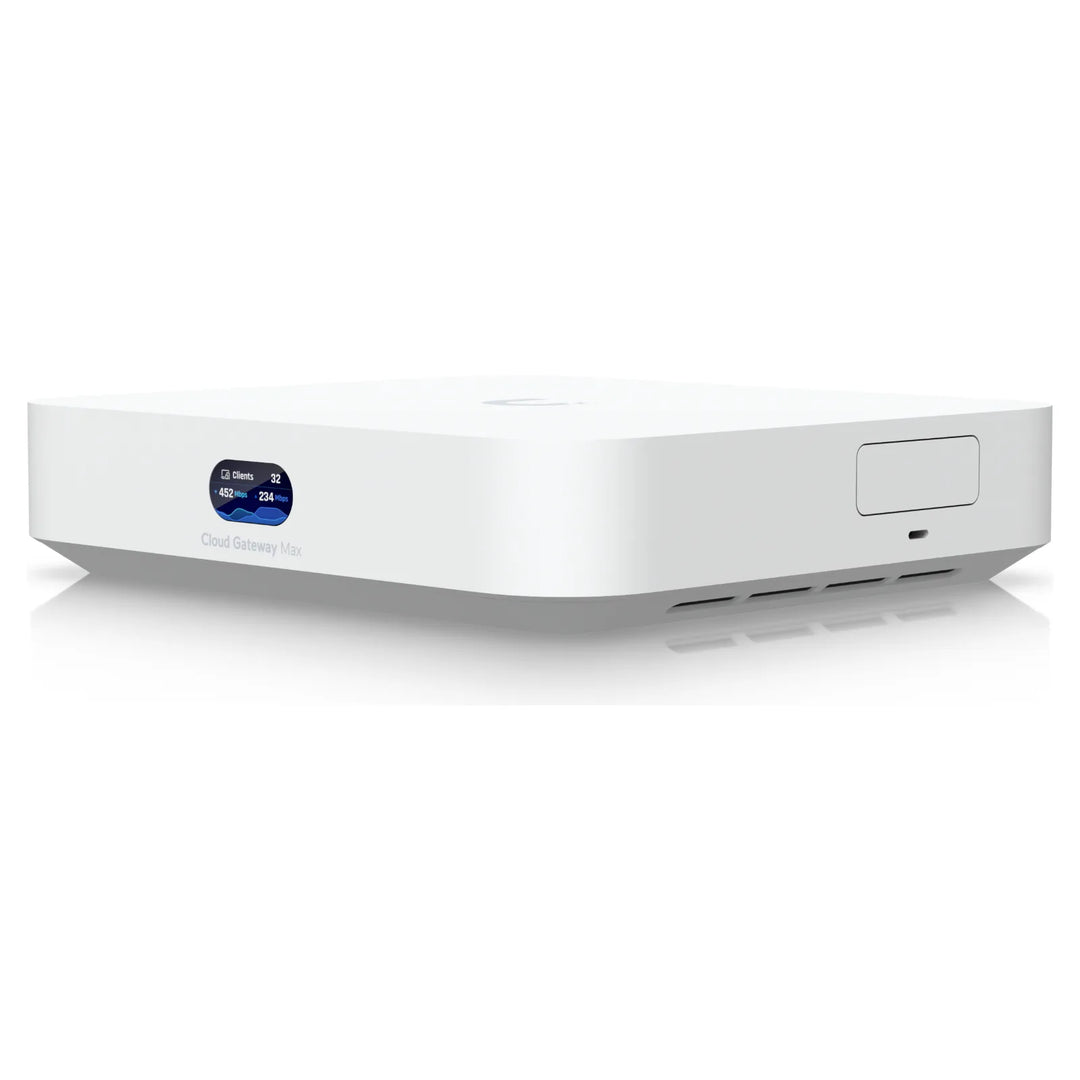 UniFi Cloud Gateway Max en perspectiva, gateway de sobremesa blanco