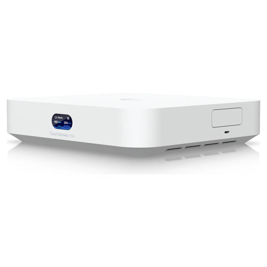 UniFi Cloud Gateway Max en perspectiva, gateway de sobremesa blanco
