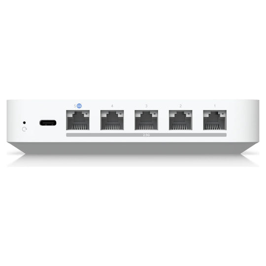 Trasera del UniFi Cloud Gateway Max con 5 puertos de 2,5 GbE